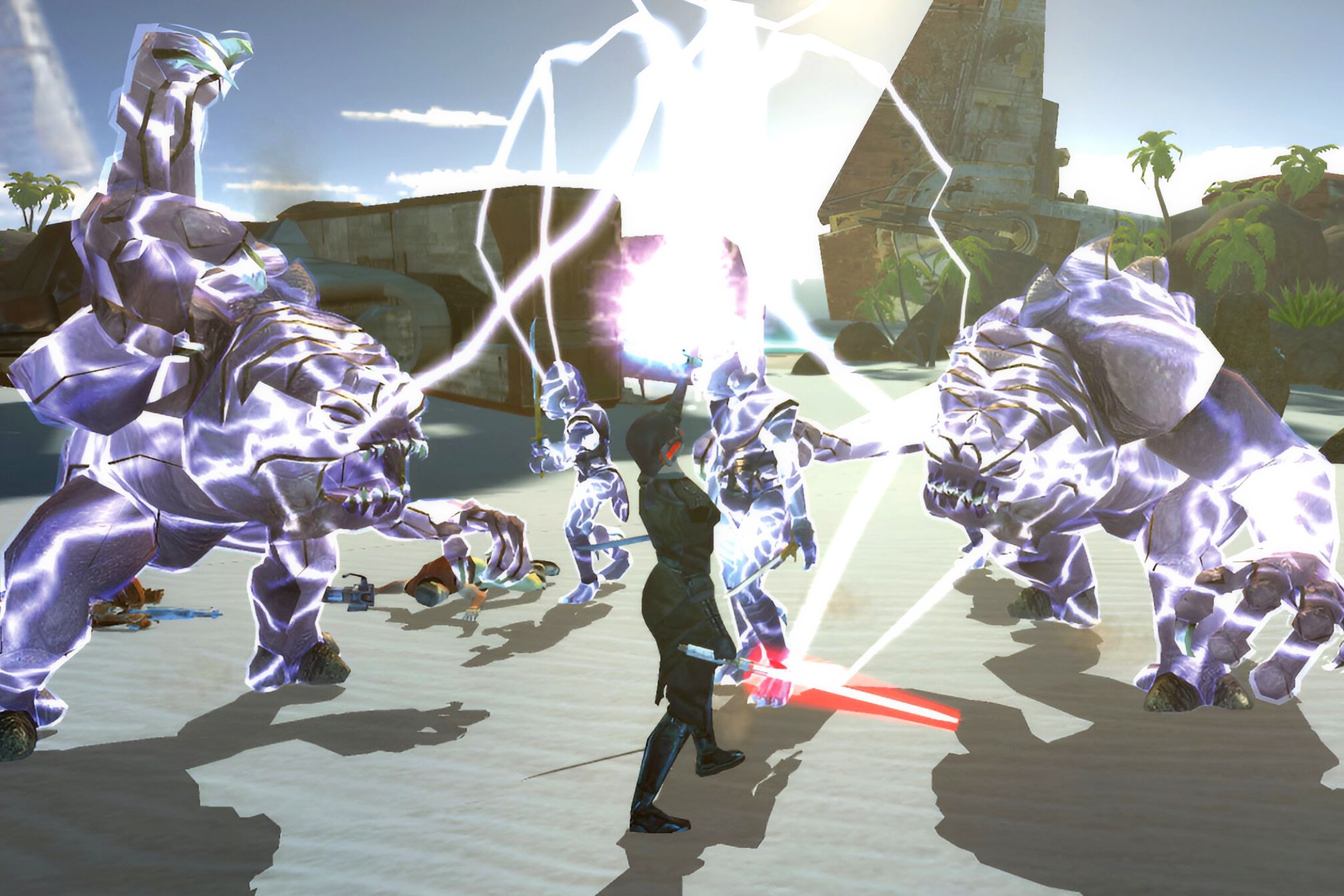 A screenshot of force lightning being used in combat from Star Wars: Knights of the Old Republic