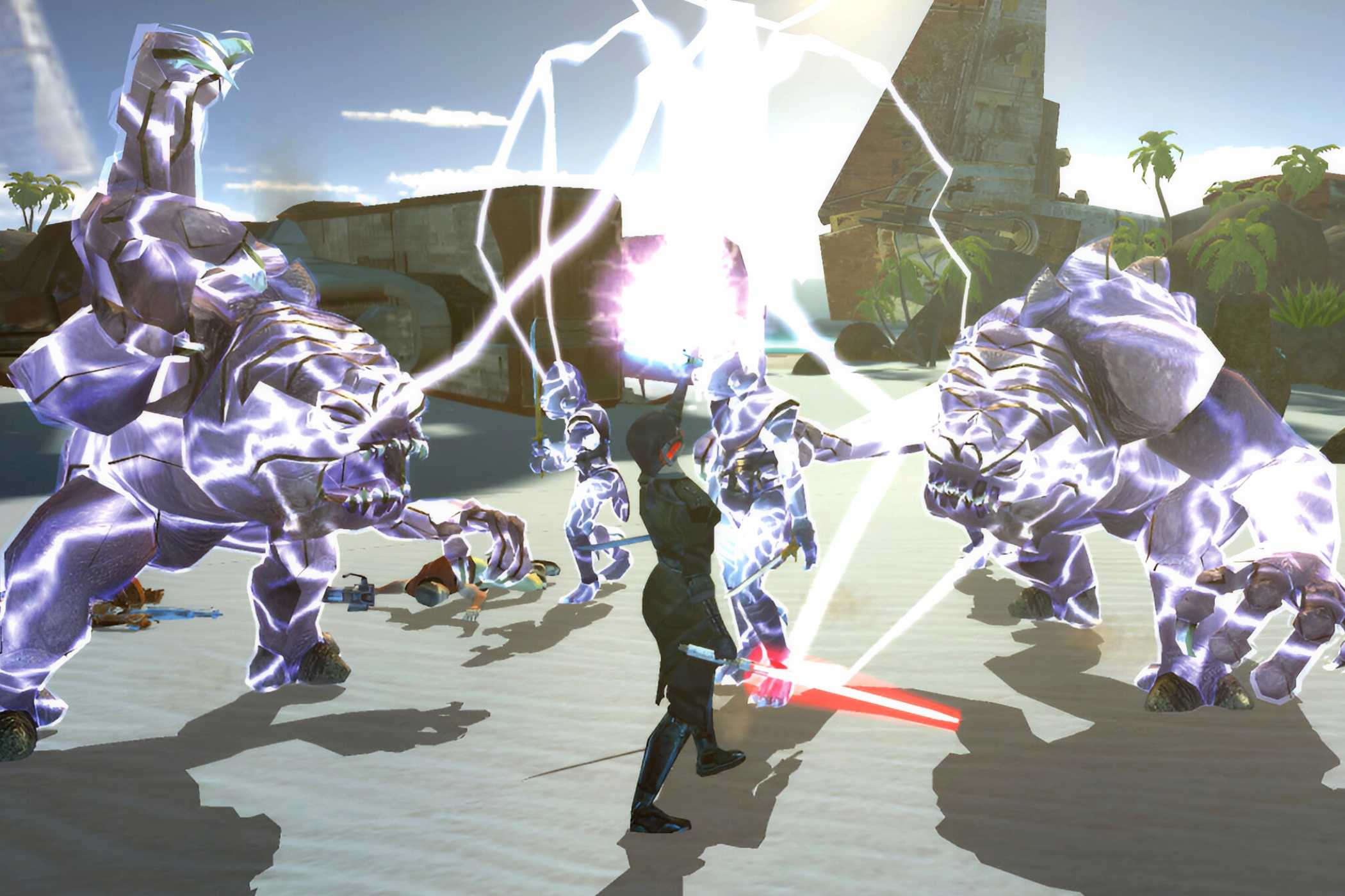 A screenshot of force lightning being used in combat from Star Wars: Knights of the Old Republic