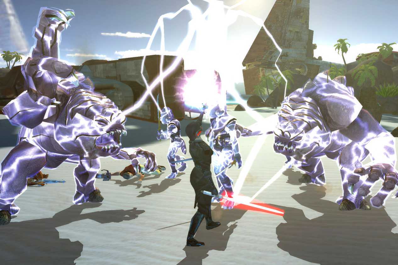 A screenshot of force lightning being used in combat from Star Wars: Knights of the Old Republic