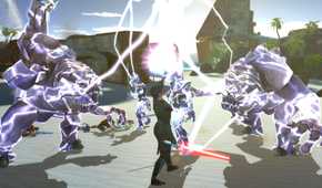 A screenshot of force lightning being used in combat from Star Wars: Knights of the Old Republic