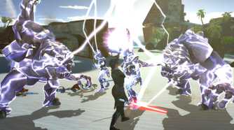 A screenshot of force lightning being used in combat from Star Wars: Knights of the Old Republic