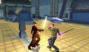 An image from the game Star Wars: Knights of the Old Republic II, showing a man and a woman dueling with swords.