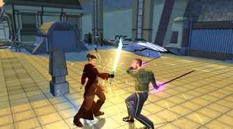 An image from the game Star Wars: Knights of the Old Republic II, showing a man and a woman dueling with swords.