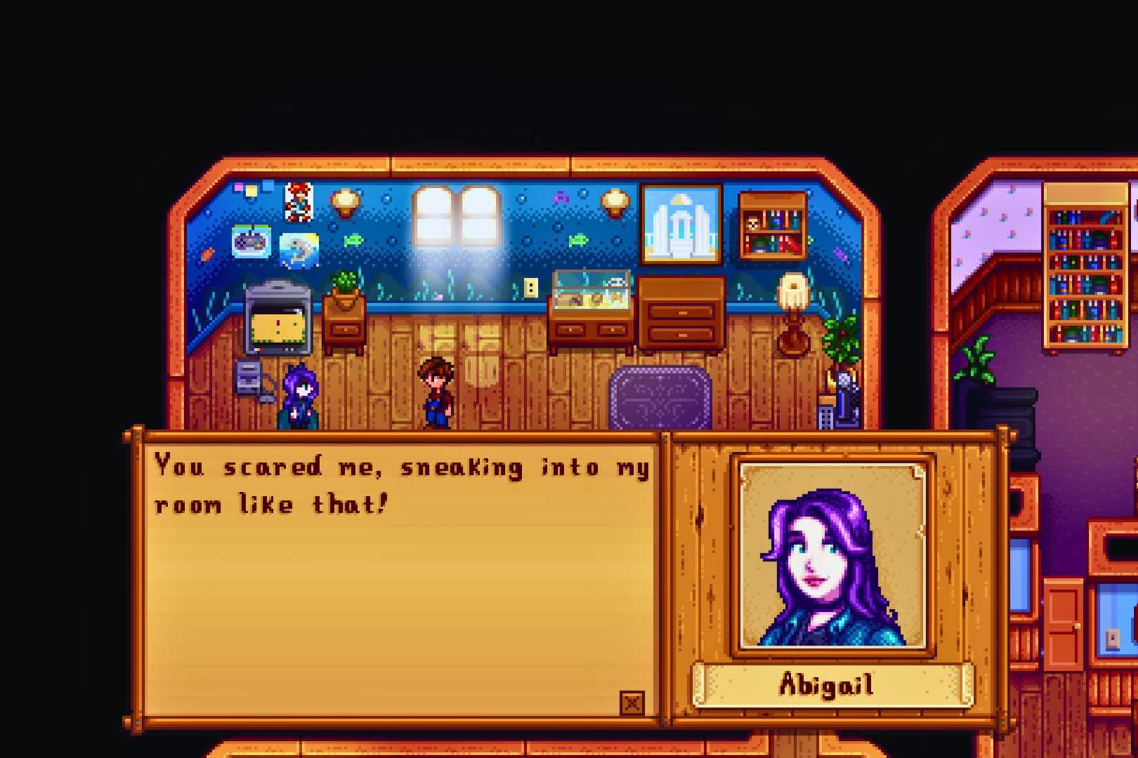 Stardew Valley player talking to Abigail in her home