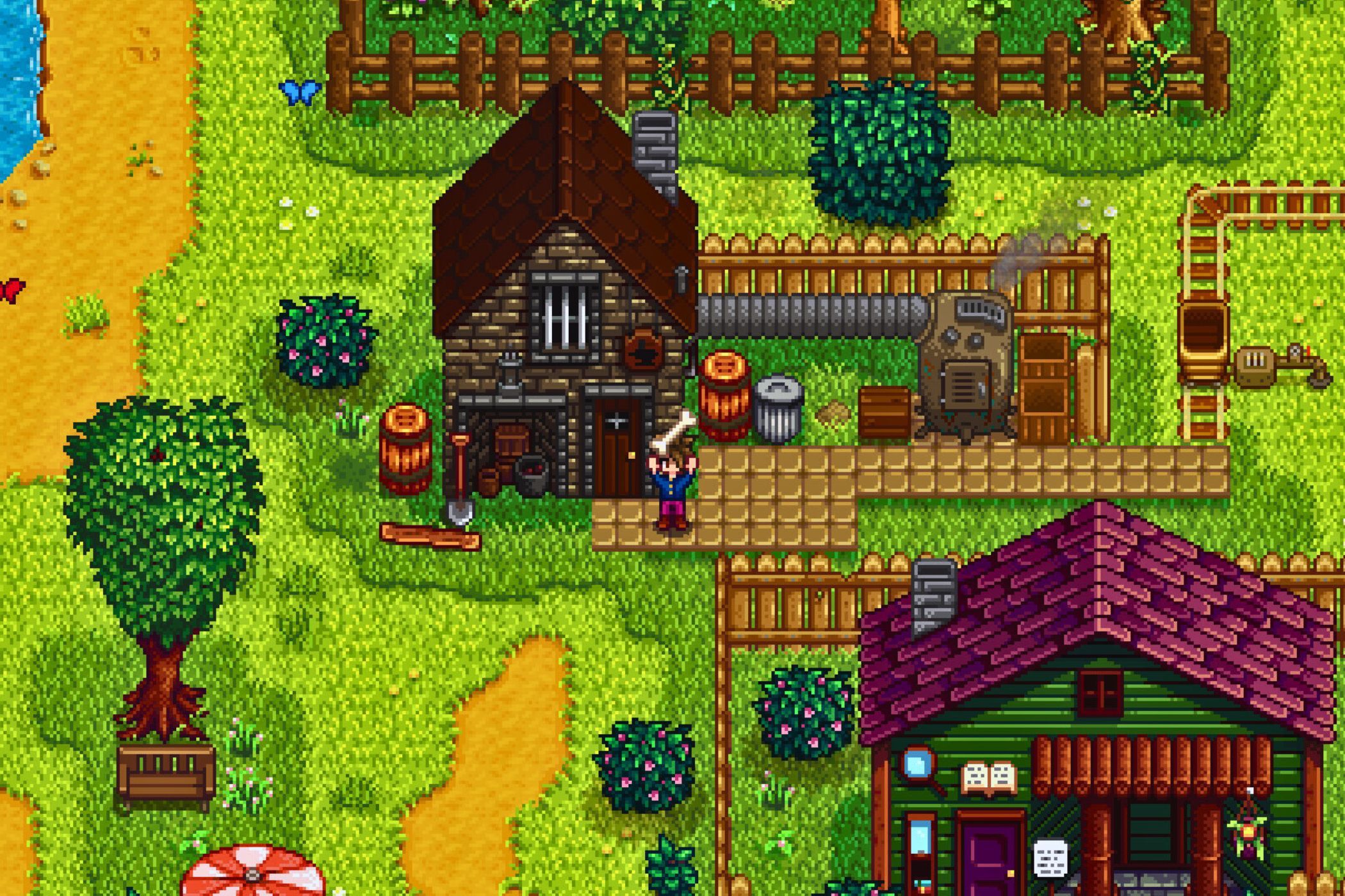 Stardew Valley player holding bone above head outside of house.