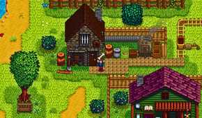Stardew Valley player holding bone above head outside of house.
