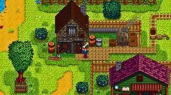 Stardew Valley player holding bone above head outside of house.