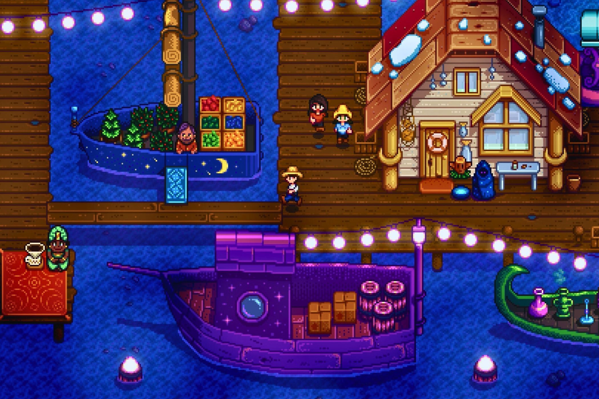 Stardew Valley player running on docks at night