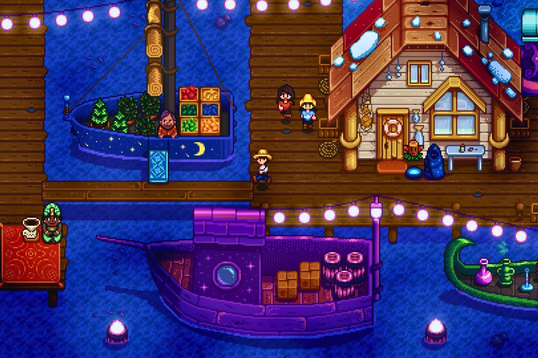 Stardew Valley player running on docks at night