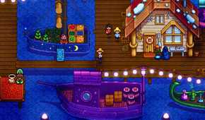 Stardew Valley player running on docks at night