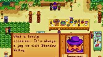 Stardew Valley character talking to the governor.