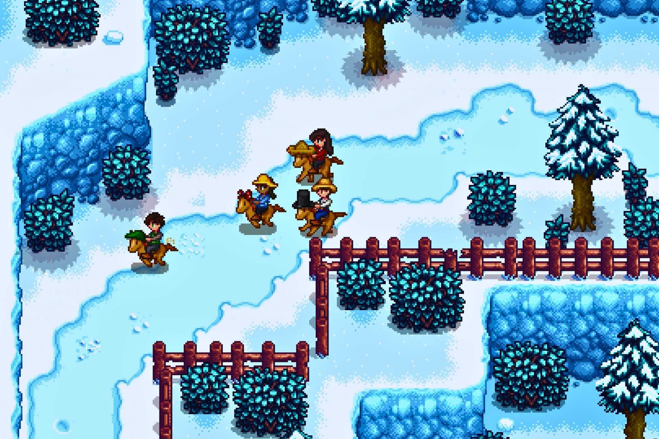 Stardew Valley characters racing horses around frozen path in winter