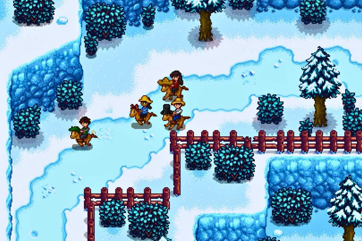 Stardew Valley characters racing horses around frozen path in winter