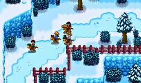 Stardew Valley characters racing horses around frozen path in winter