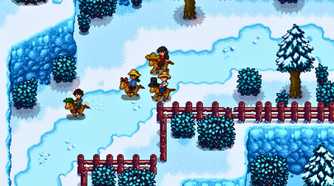 Stardew Valley characters racing horses around frozen path in winter