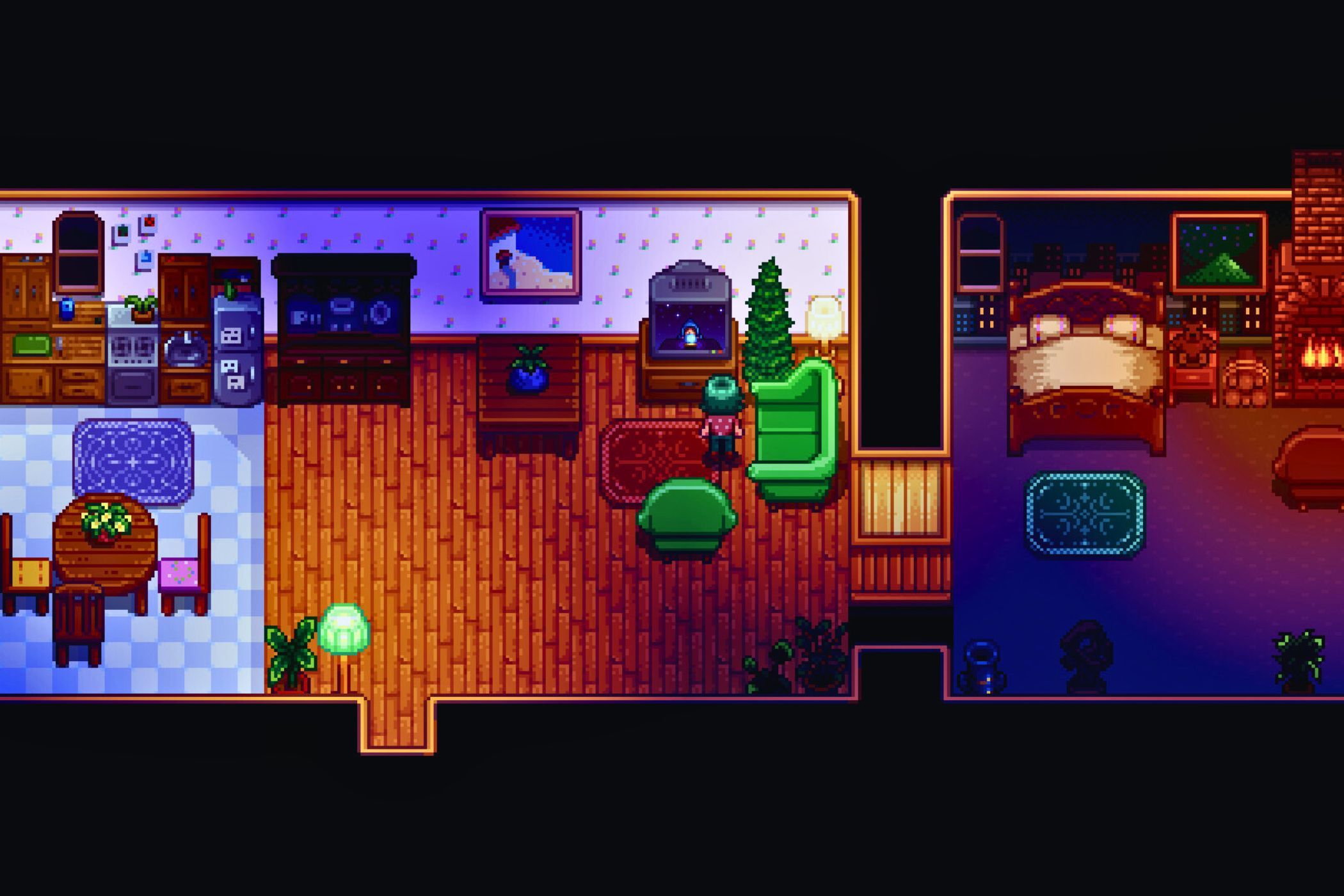 Stardew Valley player watching TV inside of home