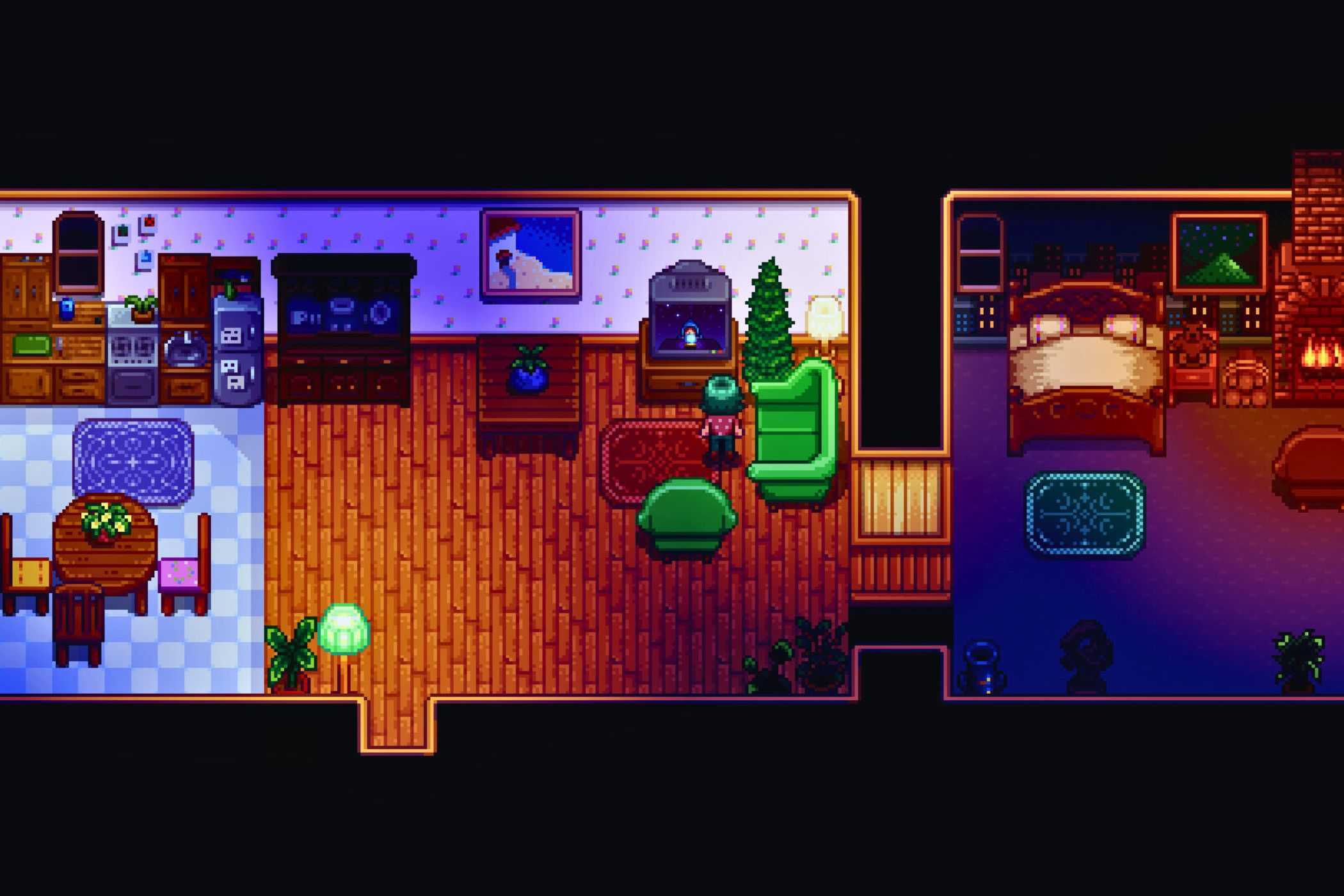 Stardew Valley player watching TV inside of home