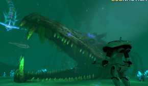 An image from the game "Subnautica", showing the player standing underwater, next to a giant teethy skull.