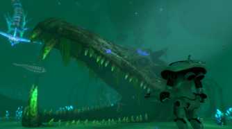 An image from the game "Subnautica", showing the player standing underwater, next to a giant teethy skull.