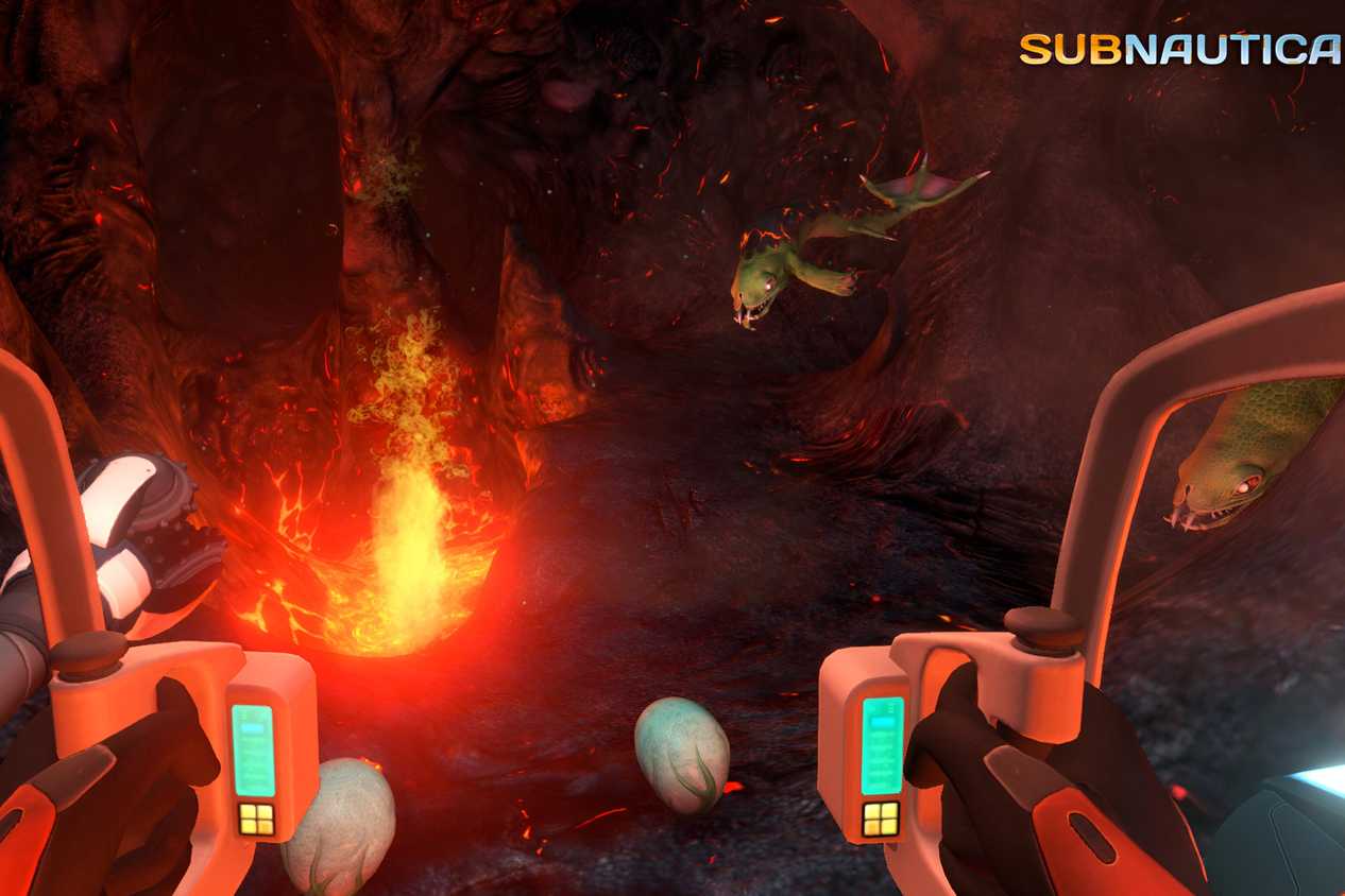 An image from the game "Subnautica", showing a cave with a boiling magma pit.