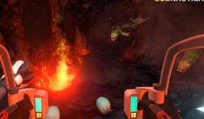 An image from the game "Subnautica", showing a cave with a boiling magma pit.