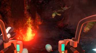 An image from the game "Subnautica", showing a cave with a boiling magma pit.