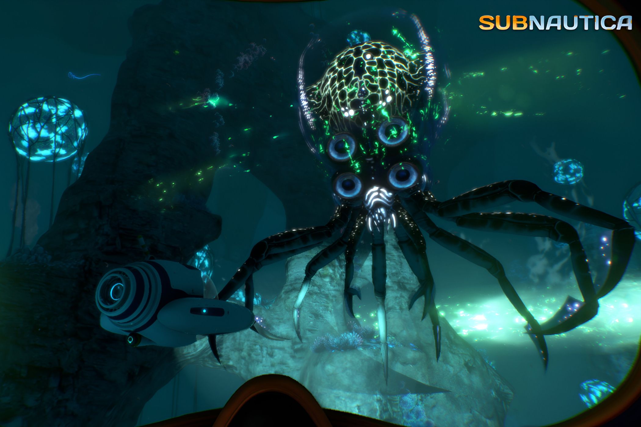 An image from the game "Subnautica", showing a strange, glowing octopus-spider creature underwater.
