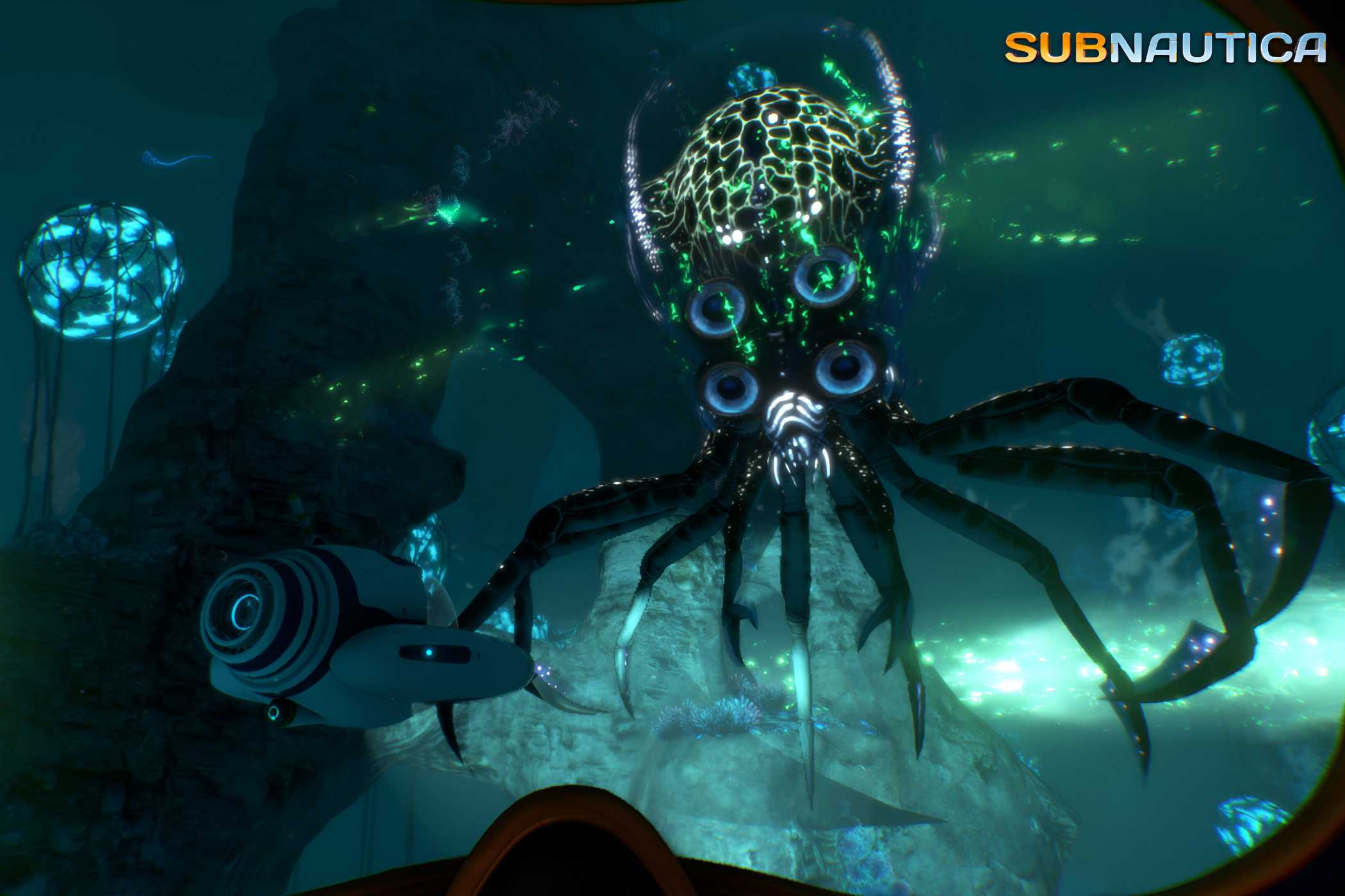 An image from the game "Subnautica", showing a strange, glowing octopus-spider creature underwater.