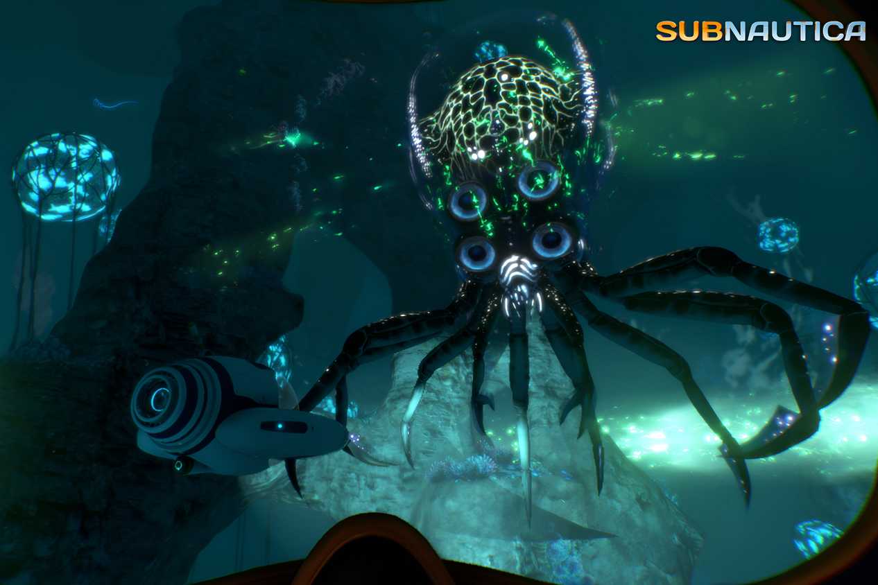 An image from the game "Subnautica", showing a strange, glowing octopus-spider creature underwater.