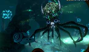 An image from the game "Subnautica", showing a strange, glowing octopus-spider creature underwater.
