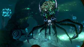 An image from the game "Subnautica", showing a strange, glowing octopus-spider creature underwater.