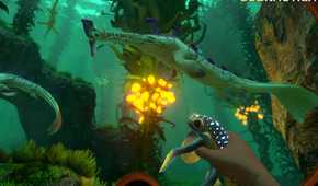 An image from the game "Subnautica", showing the player holding a glowing reptile underwater, looking at seabed vegetation and other creatures.