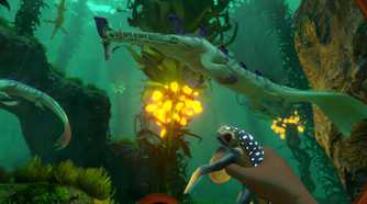 An image from the game "Subnautica", showing the player holding a glowing reptile underwater, looking at seabed vegetation and other creatures.
