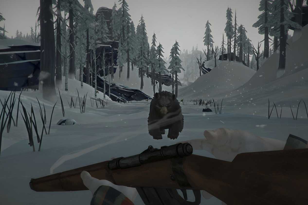 A screenshot from the game "The Long Dark", showing a bear charging towards the screen as cold winds blow around it.