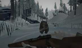 A screenshot from the game "The Long Dark", showing a bear charging towards the screen as cold winds blow around it.