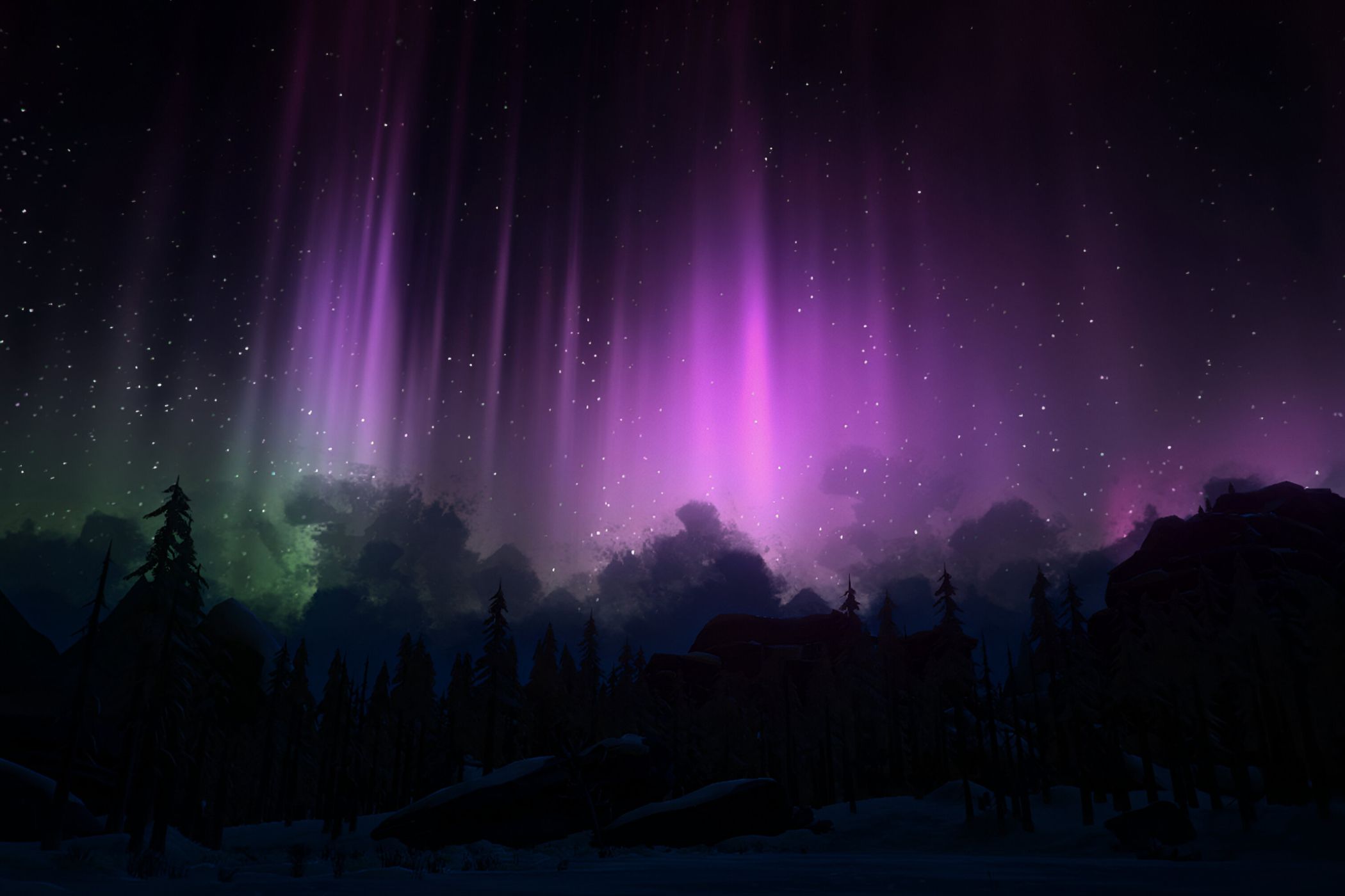 A screenshot from the game "The Long Dark", showing purple and green lights in the night sky.