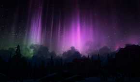 A screenshot from the game "The Long Dark", showing purple and green lights in the night sky.