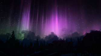 A screenshot from the game "The Long Dark", showing purple and green lights in the night sky.