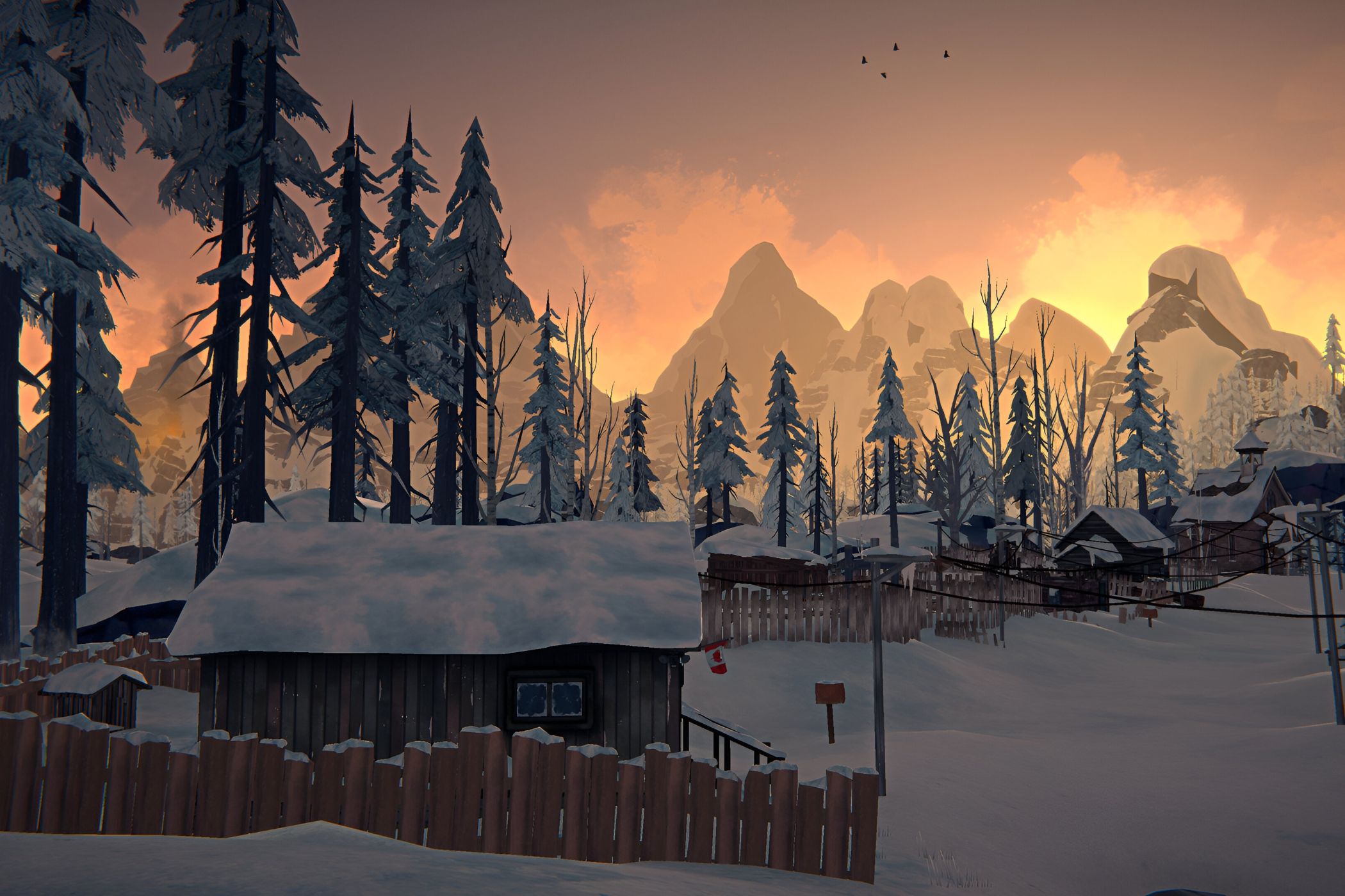 A screenshot from the game "The Long Dark", showing the sun rise over the winter, snow-laden Canadian wilderness.