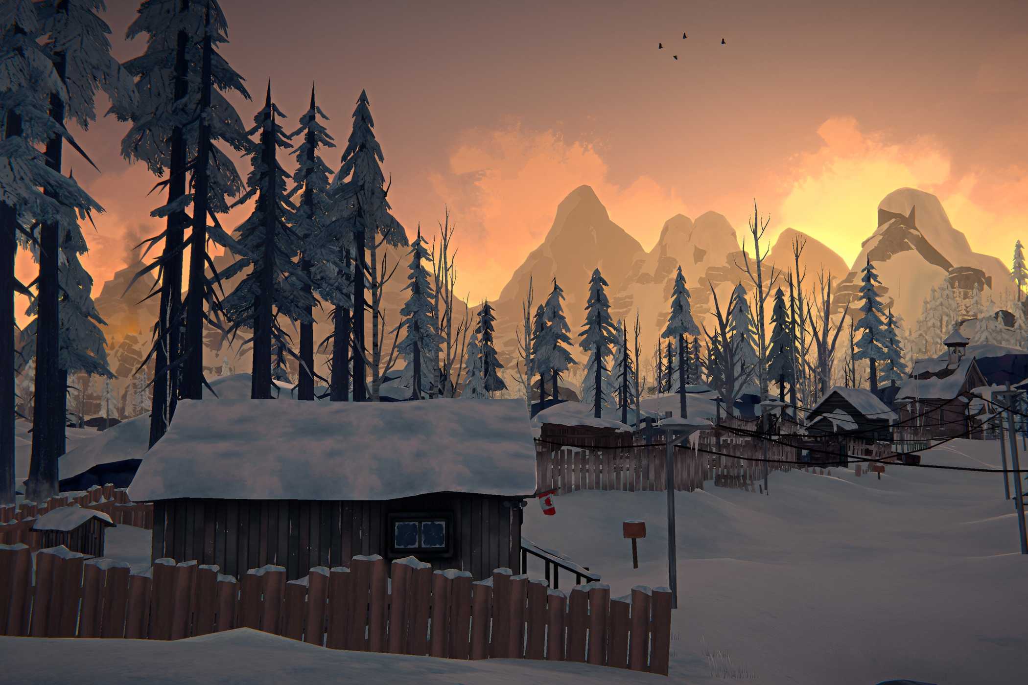 A screenshot from the game "The Long Dark", showing the sun rise over the winter, snow-laden Canadian wilderness.