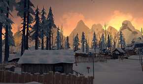 A screenshot from the game "The Long Dark", showing the sun rise over the winter, snow-laden Canadian wilderness.