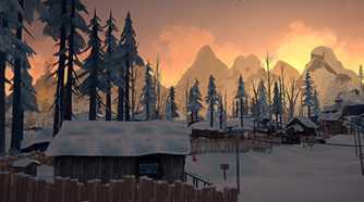 A screenshot from the game "The Long Dark", showing the sun rise over the winter, snow-laden Canadian wilderness.
