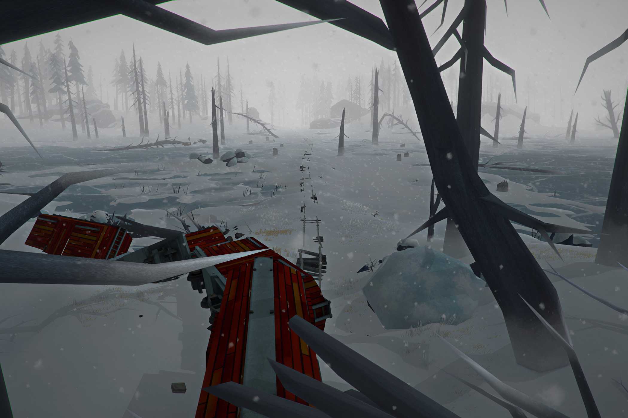 A screenshot from the game "The Long Dark", showing a desolate, snowy area.