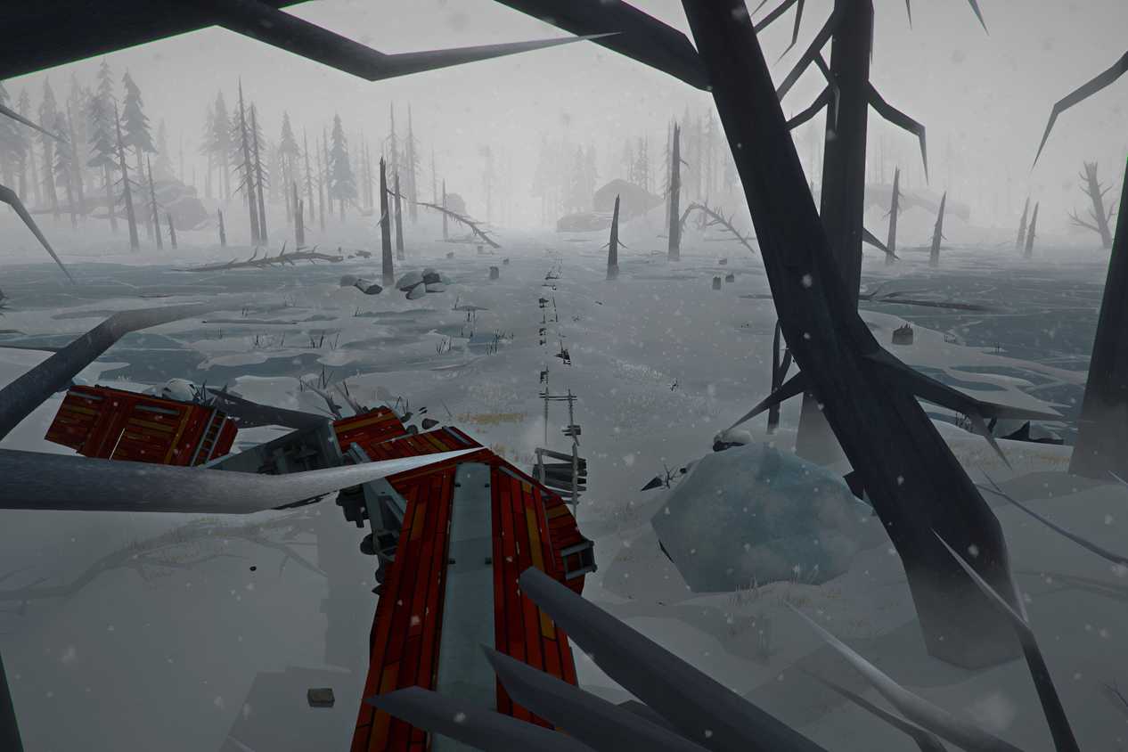 A screenshot from the game "The Long Dark", showing a desolate, snowy area.