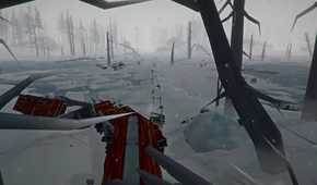 A screenshot from the game "The Long Dark", showing a desolate, snowy area.