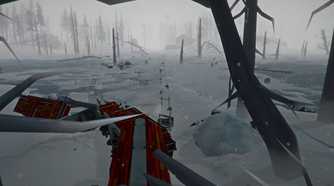 A screenshot from the game "The Long Dark", showing a desolate, snowy area.