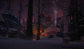 A screenshot from the game "The Long Dark", showing a plane crashed and burning at night.