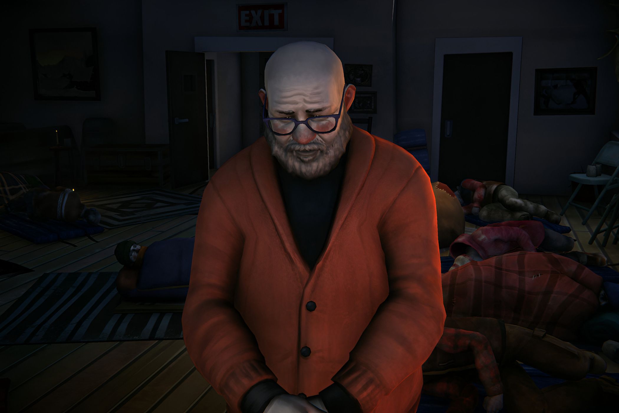 A screenshot from the game "The Long Dark", showing a bald man wearing an orange sweater as other survivors sleep inside a house behind him.