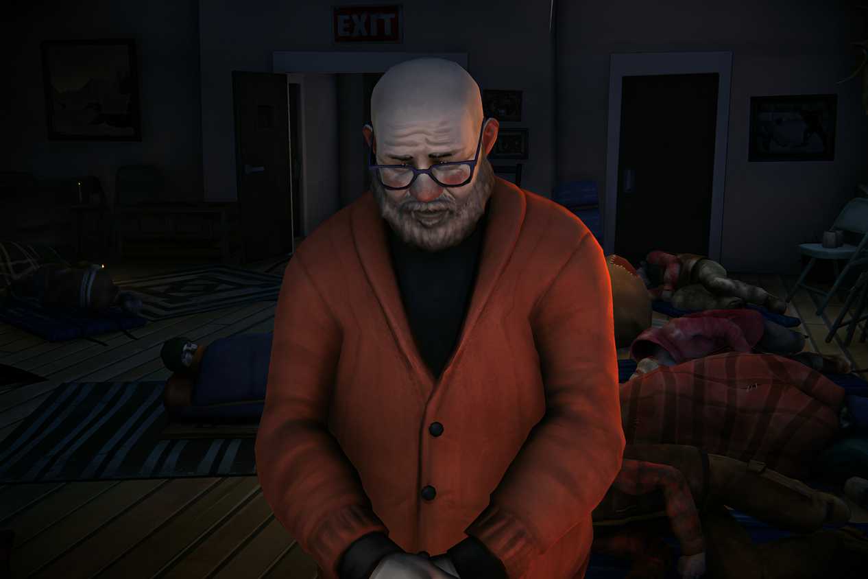 A screenshot from the game "The Long Dark", showing a bald man wearing an orange sweater as other survivors sleep inside a house behind him.