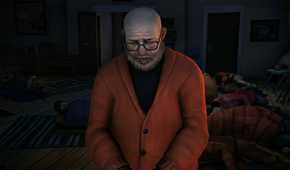 A screenshot from the game "The Long Dark", showing a bald man wearing an orange sweater as other survivors sleep inside a house behind him.